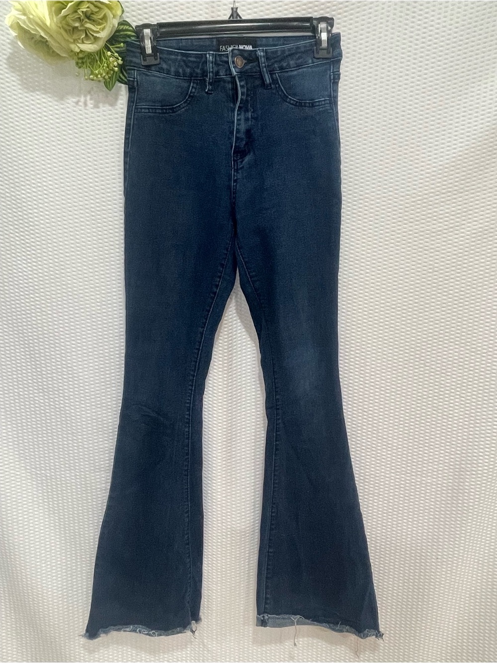 Fashion Nova Women's Size 5 Dark Wash High Rise Flare Jeans Raw Hem Bell Bottom